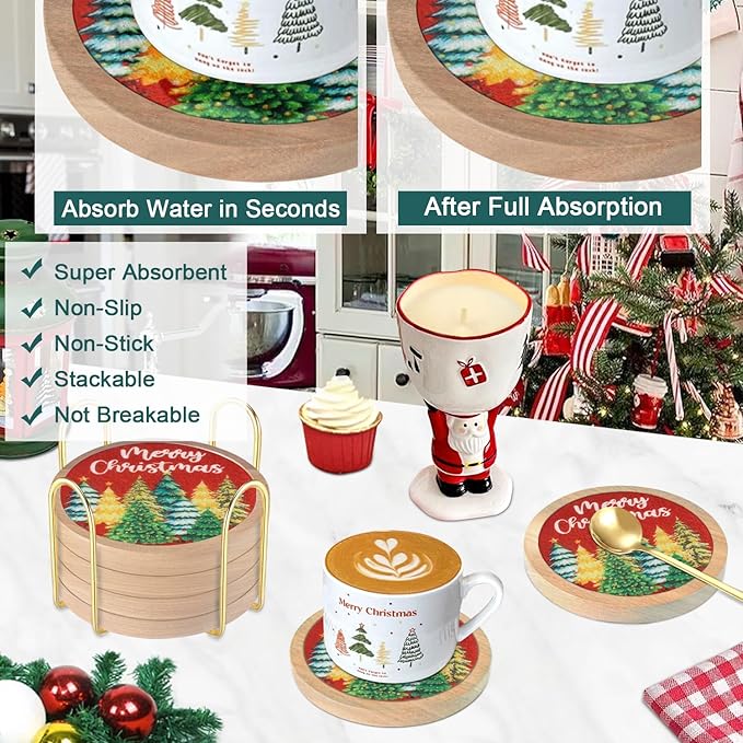 Christmas Tree Coasters for Drinks with Holder, Minacun Absorbent Coaster Set of 6, White Elephant Gifts, Secret Santa Gifts, Xmas Decor, Drinks Coasters for Coffee Tabletop Protection, 4.3 Inches