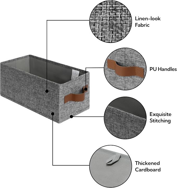 GRANNY SAYS Small Fabric Storage Bins with PU Handles, Storage Baskets for Shelves, Perfume Storage, Narrow Baskets for Organizing DVD, Photos, Aromatherapy, Scarf, Diaper, Cd, 3-Pack, Gray