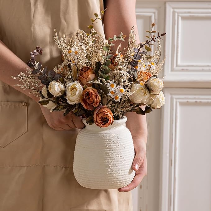 Ceramic Flower Vase, 6“ Small Rustic Farmhouse Vases Home Decor, Short Pottery Decorative Pampas Vase for Table Living Room Entryway Mantel Bookshelf Bedroom Bathroom Kitchen-White