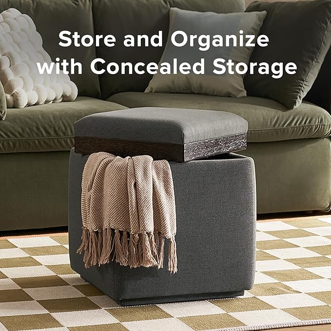 mopio Levi Storage Ottoman with Reversible Tray, Modern Square Chest Coffee Table, Upholstered Cube Sitting Foot Stools Ottoman for Living Room, Bedroom, Entryway (Fabric, Dark Gray)