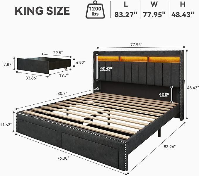 Torana King LED Bed Frame with 2 Drawers, Linen Upholstered Storage Wingback Headboard Beds, Channel Tufted Platform Bedframe with Rivet Decor, No Box Spring Needed, Dark Grey