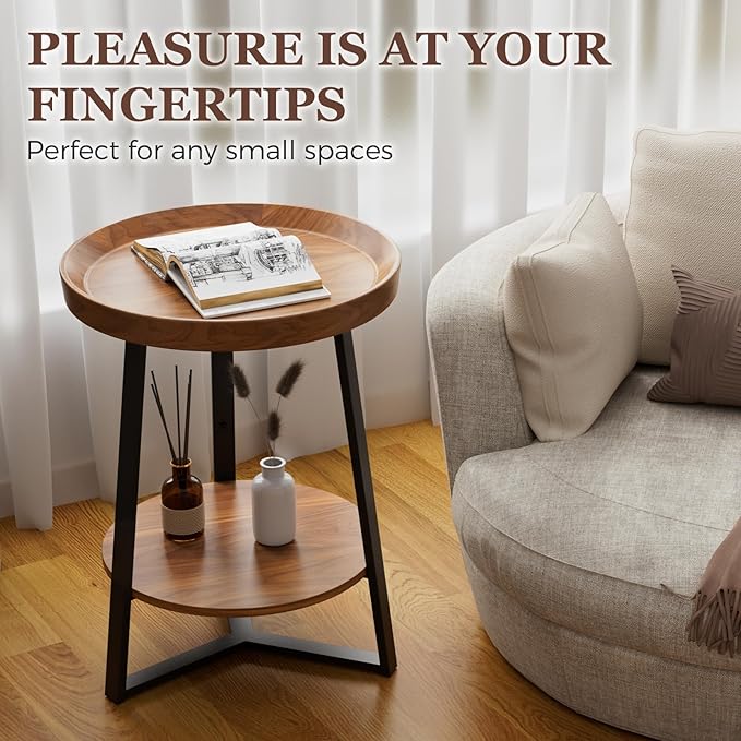 Gadroad Round End Table with Storage Shelf, 2 Tier Farmhouse Side Table Nightstand for Living Room, Bedroom, Wood Tabletop & Black Metal Frame, Brown 15.7 * 15.7 * 23.0inches