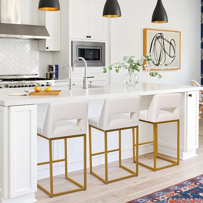White and Gold Counter Height Bar Stools Set of 3 for Kitchen Counter Modern Bar Chairs with Backs for Kitchen Island with Upholstered Faux Leather Seat and Metal Frame, 26 Inch