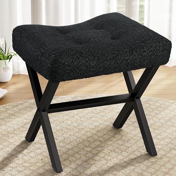 18-Inch Large Vanity Stool Chair, Vanity Bench with Metal X-Legs, Ottoman Accent Stool with Breathable and Soft Boucle Fabric Saddle Seat, Black