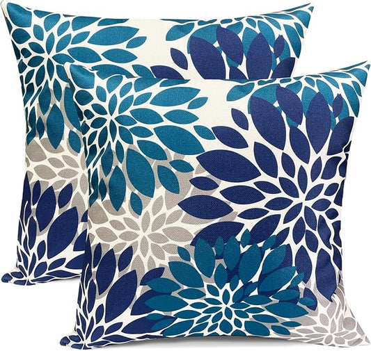 Decorative Throw Pillow Covers Set of 2 Blue Pillow Covers 20x20 Inch Couch Pillow Covers for Sofa Living Room Outdoor Throw Pillow Cover Linen Square Floral Flower Farmhouse Pillowcase