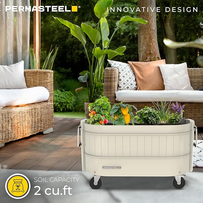 Permasteel Self-Watering Garden Bed, Rolling Planter for Vegetables, Flowers, Herbs, and Fruit, Outdoor Indoor, Caster Wheels, Ivory