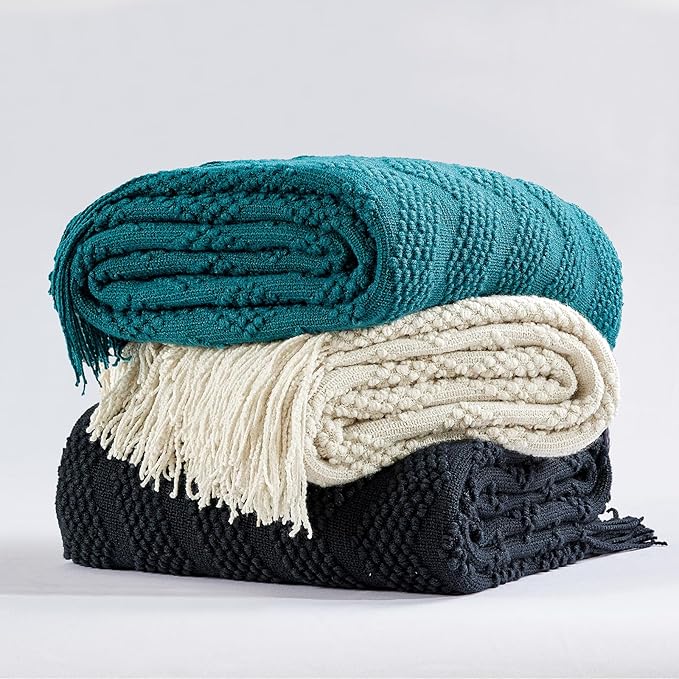 BOURINA Navy Throw Blanket 50x60 Inches Throw Textured Solid Soft Ripple Throws and Blankets for Sofa or Bed Knitted Decorative Blanket