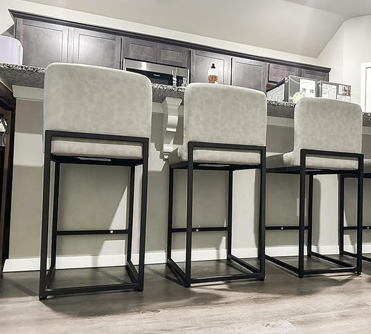 ALPHA HOME 24” Bar Stools Set of 3 Counter Height Bar Stool Pu Leather Kitchen Modern Bar Stools with Backrest Upholstered Footrest Sturdy Chromed Metal Steel Frame,Light Gray