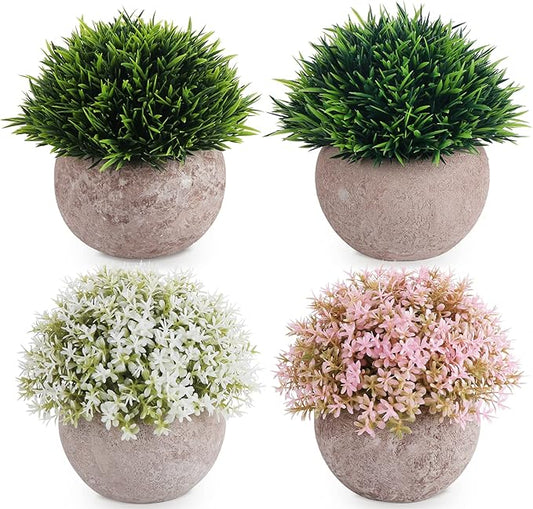 Lemonfilter Set of 4 Mini Potted Artificial Plants Plastic Eucalyptus Plants Faux Rosemary Plants for Home Garden Office Desk Shower Room Decoration
