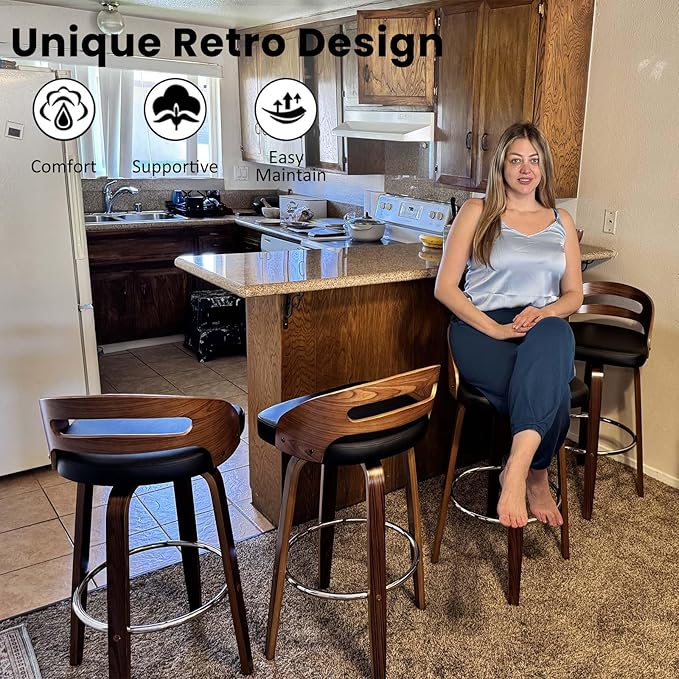 Counter Stools Set of 1, Counter Height Bar Stool with Walnut Crafts, Bentwood Curved Back, Upholstered Faux Leather, Soft Cushion Seat, Swivel Counter Chairs for Island/Pub (Green, 26" Seat Height)