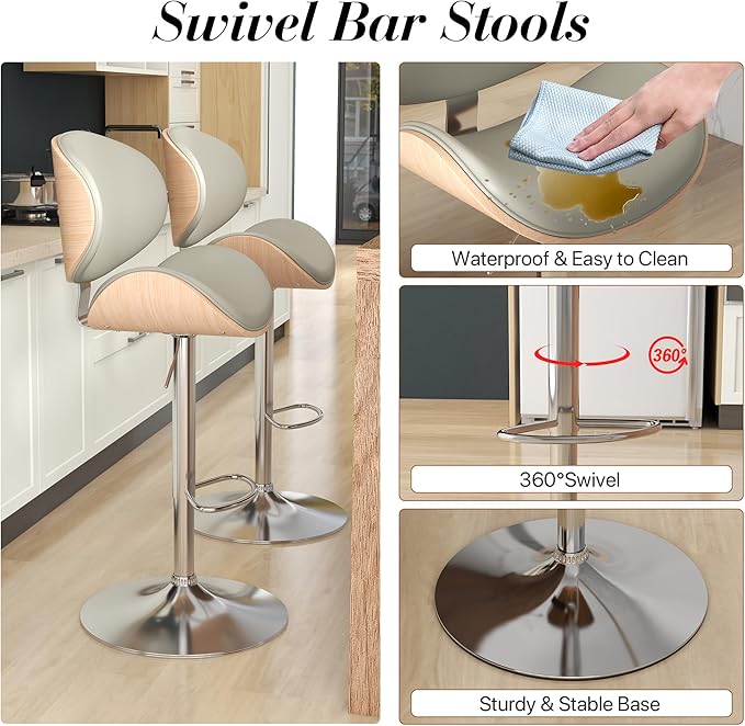 KCC Bar Stools Set of 6, Swivel Adjustable Height Barstools, PU Leather Upholstered Bar Chairs with Footrest, Bentwood Bar Stool for Kitchen, Bar, Dining Room(Grey PU)