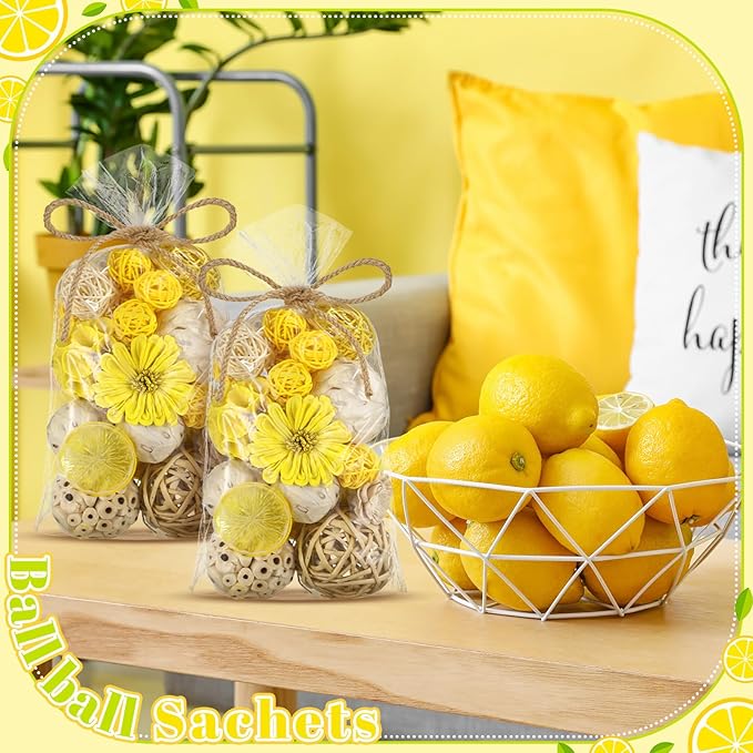 Riceshoot 2 Pack Decorative Balls Potpourri Bowl Filler Decor Natural Vase Bowl Filler Assorted Spherical Rattan Twigs Wicker Balls Cotton for Home Centerpiece(Lemon Yellow)
