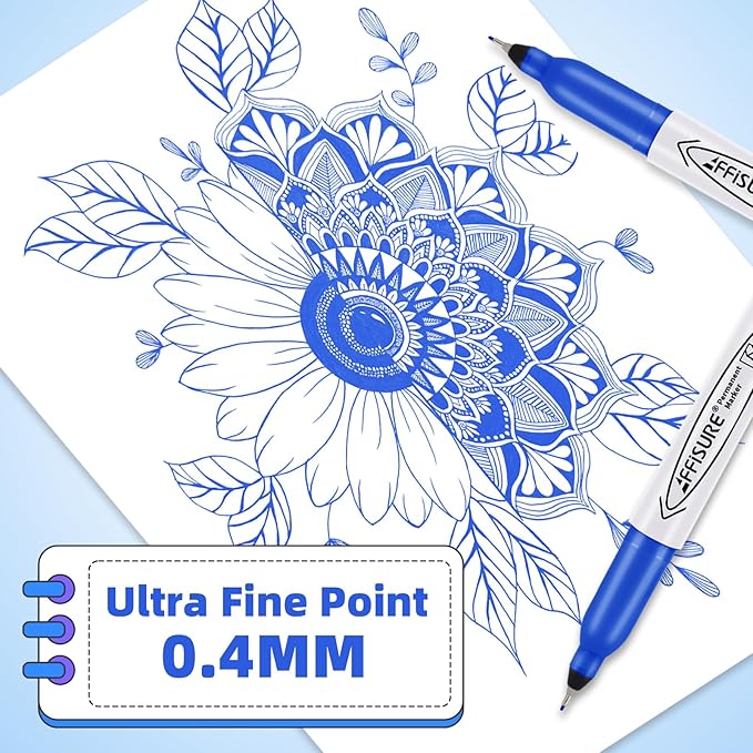 Blue Ultra Fine Point Permanent Markers, 18 Pack, 0.4 mm, Precision Extra Fine Tip for Detailed Writing, Art, Crafts & Labeling on Paper, Plastic, Glass, Metal, Waterproof, Fade-Resistant Ink