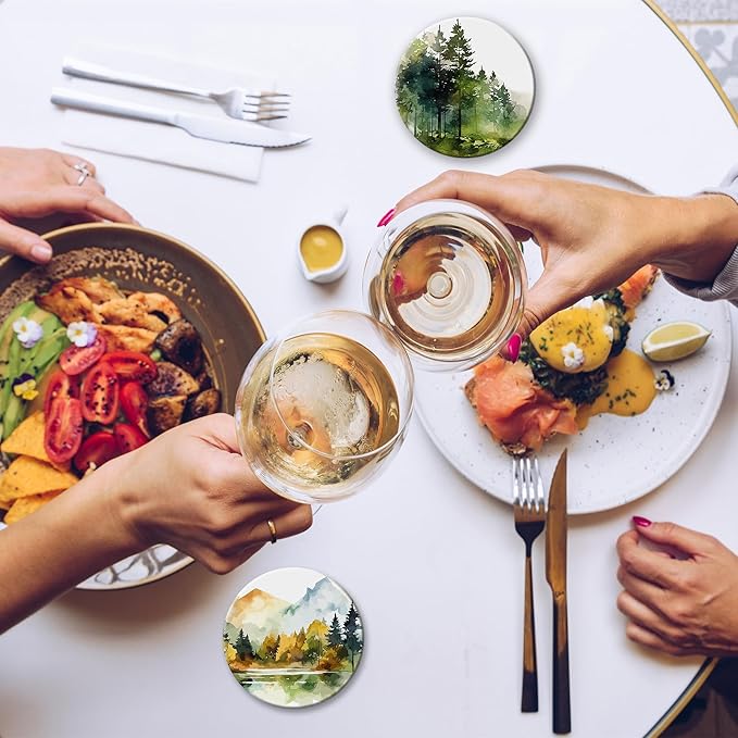 Table Coaster for Drinks Set of 6, Watercolor Misty Forest Round Ceramic Coasters,with Cork Base and Metal Holder,Great Housewarming Birthday Gifts,Home Decor