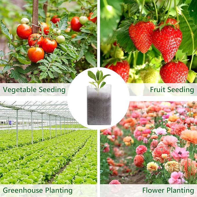 GREANER 100pcs Biodegradable Nursery Bags, 9 x 9inch Seed Planting Bags, Planting Seed Starting Pots Pouches, Standable Pouch for Potato, Flower, Tomato Plant Starts