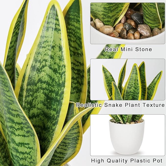 Hollyone Artificial Snake Plant Potted Faux Sansevieria Trifasciata Plants, 13" Tropical Fake Plants in White Pots for Home Office Room Indoor Decor Housewarming Gifts