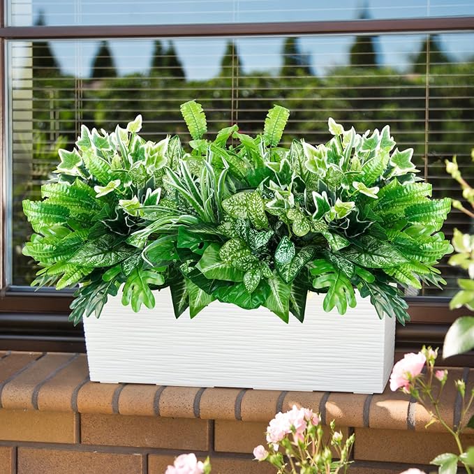 16 Bunches Fake Plants Outdoor UV Resistant Artificial Bushes Green Boxwood Shrubs Faux Plastic Plants Greenery Stems for Spring Outdoor Garden Patio Front Porch Yard Home Decor