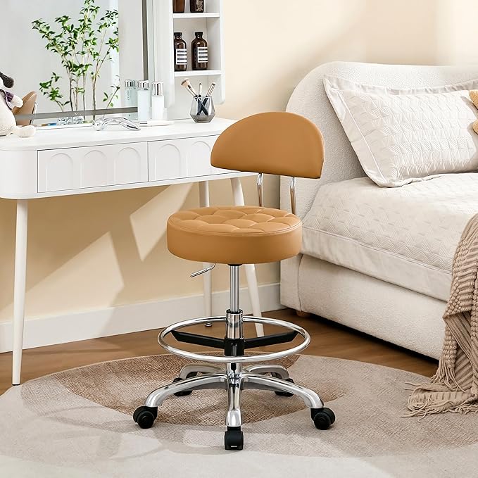 Rolling Chair (Adjustable Height 20-27 inch) (Stool with Quiet Wheels and Foot Rest) Multifunctional Nail Salon and Spa Stools (Camarel Brown)