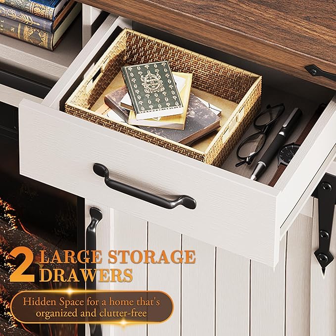 59'' Fireplace TV Stand with 3D Flame Electric Fireplace Heater, 34'' Tall Farmhouse TV Stand for 65 Inch TV, Entertainment Center TV Console with 2 Drawers, Sliding Barn Door for Living Room - White