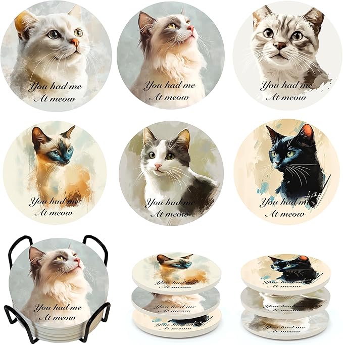 Absorbent Cat Coasters Set of 6 with Holder - Cute Kitty Design Ceramic Coasters for Drinks, Home Decor Gifts for Pet Owners, Birthday Gifts