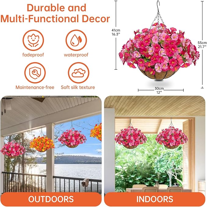 Artificial Hanging Faux Flowers Basket, Fake Silk Petunias Plants Arrangement,for Spring Summer Outdoor Decoration,UV Resistant, Morning Glorias,for Home Garden Decor (Dark&Light Pink)