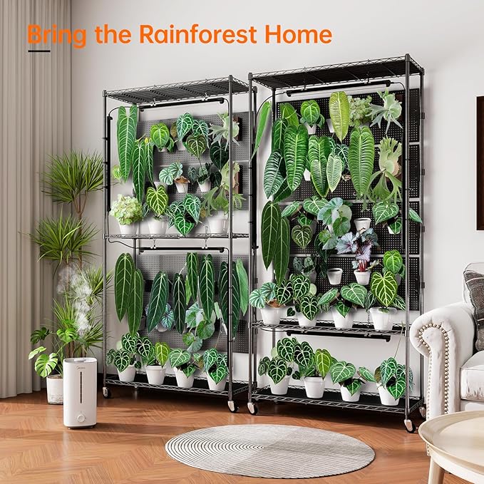 Bstrip Plant Shelf with Grow Light & 4 Pegboard, Metal Plant Stand with Adjustable Rack and Wheels, 4 x 24W Full Spectrum Grow Light Strip for Indoor Plants, Foliage Plants, Seedling, 35.4"x13.8"x71"