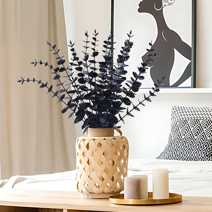 summer flower 26Pcs Black Artificial Eucalyptus Stems Faux Halloween Flowers Eucalyptuses Home Decor (26, Black)