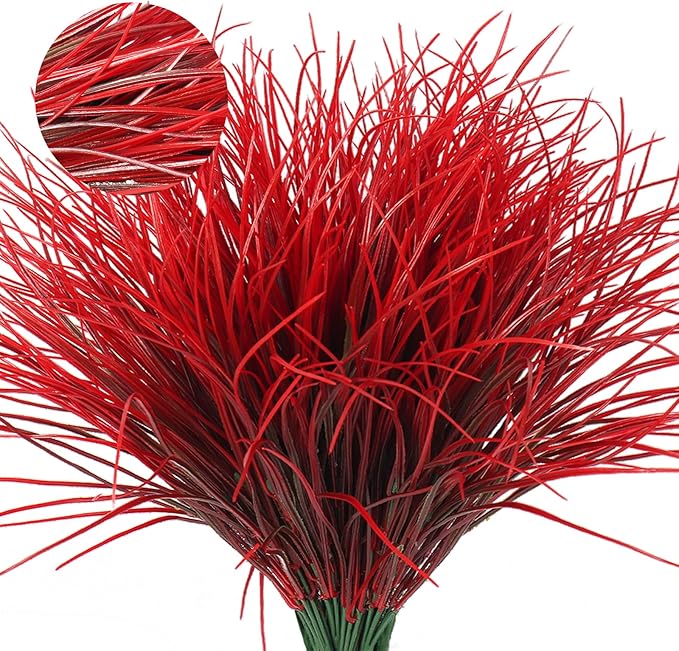 RECUTMS Artificial Shrubs Bushes, Plastic Wheat Grass Green Leaves Fake Plants Wedding Indoor Outdoor Home Garden Verandah Kitchen Office Table Centerpieces Arrangements Christmas Decoration(Red)