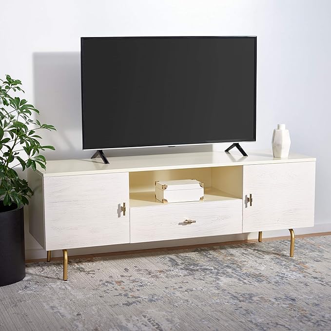 SAFAVIEH Genevieve TV Stand for up to 65" Flatscreen – Cream & White Washed Finish, Mid-Century Modern Storage Cabinet, Entertainment Media Console (MED5000D)