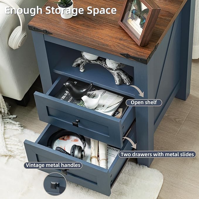 Nightstand with Charging Station, Farmhouse Night Stand with 2 Drawers and Shelf Storage, Blue Wooden Side End Table, Bedside Cabinet for Bedroom, Living Room, Closet,Office