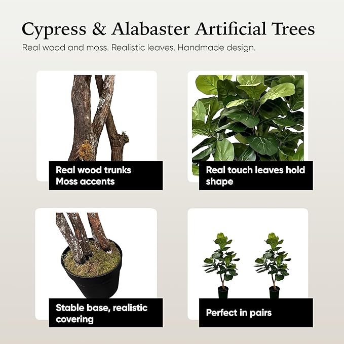 Cypress & Alabaster Handmade 3ft Fiddle Leaf Fig Ficus Lyrata Artificial Tree with Ethically Sourced Real Wood Trunks, Hypoallergenic, 3-Foot, Green