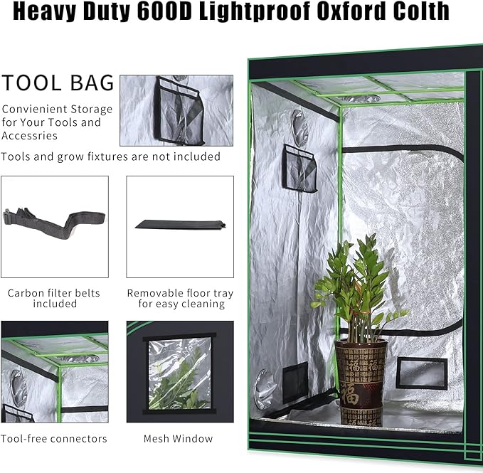 96''x48''x80'' Grow Tent Hydroponic Higher Density 600D Mylar Reflective Indoor Plant Greenhouse with Observation Window and Removable Floor Tray for Flora Vegetables Flower