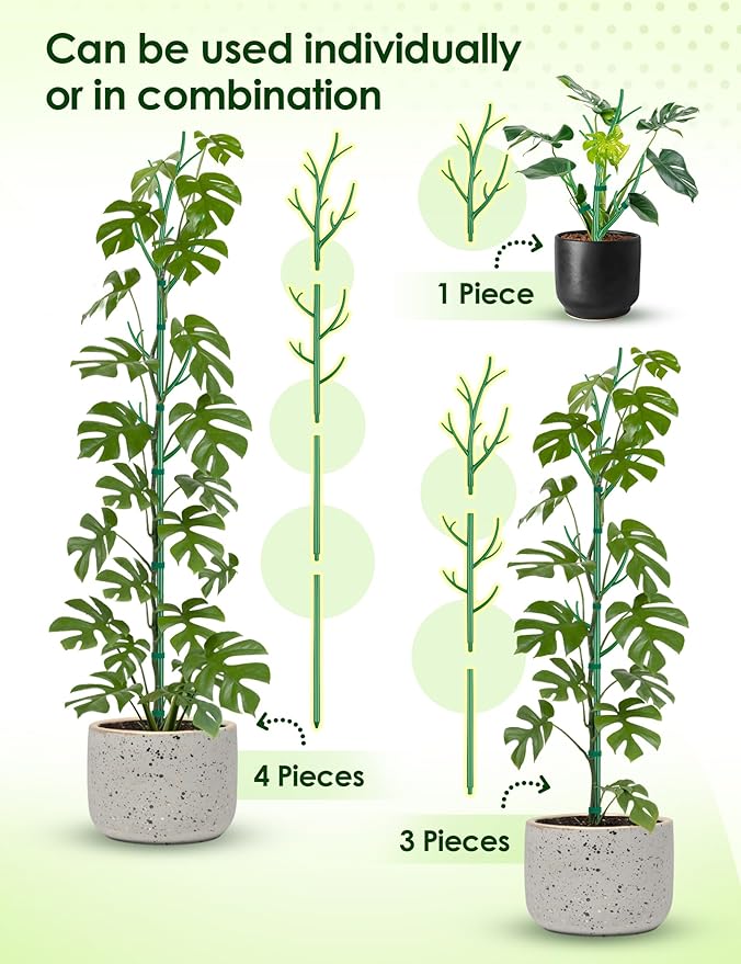 NiHome 50" Plant Support Stakes 5-Pack for Indoor & Outdoor Garden Climbing Plants Enhances Upright Growth - UV-Resistant, Non-Rotting Plastic Natural Branch Look for Pothos, Clematis, Ivies (Green)