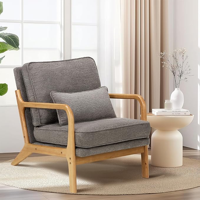 Modern Accent Chair Set of 2 with Lumbar Pillow, Relaxing Mid Century Chair Armchair with Solid Wood Frame & Soft Cushion, Reading Leisure Armchair for Living Room, Grey