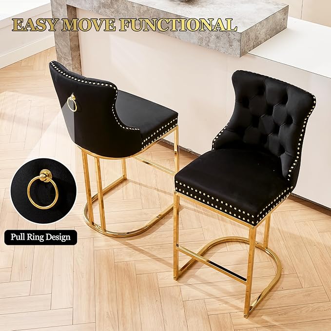 UVV Counter Height Bar Stools Set of 4, 26" Modern Barstools with Back, Velvet Upholstery Counter Chairs with Metal Legs for Kitchen Island, Bar, Counter, Black