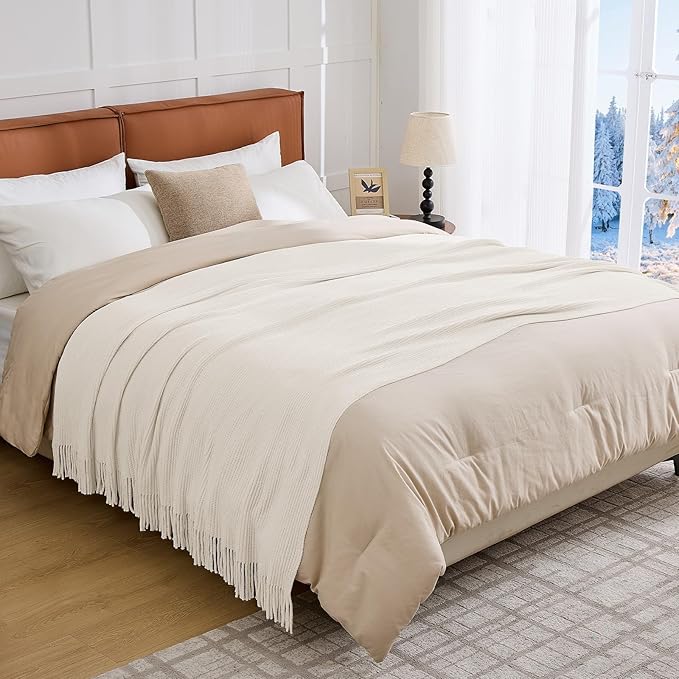 inhand Throw Blanket for Couch Bed,Chunky Chenille Woven Soft Blankets with Tassels, Cozy Boho Farmhouse Fall Winter Decor,Warm for Women,60"x80",Extra Thick-Off White