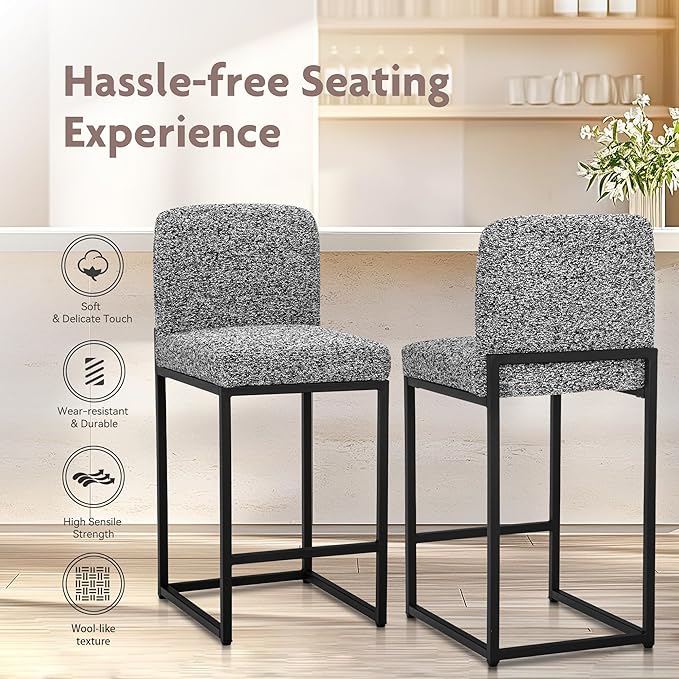 ALPHA HOME 24" Bar Stools Set of 2 Kitchen Counter Stools with Back, Counter Height Stools with Upholstered Footrest for Kitchen Island, Metal Steel Frame, Chenille, Gray