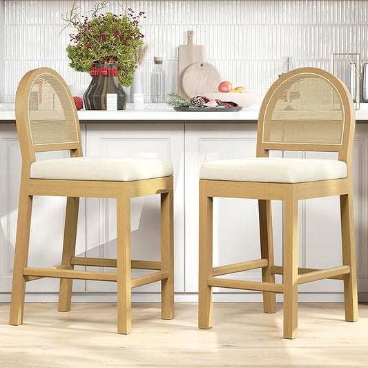 STHOUYN Upholstered Rattan Bar Stools Set of 2, Wooden Counter Height Stools with Natural Rattan Woven Back and Chenille Seat, Mid-Century Modern Island Chairs Barstools for Kitchen (2, Cream White)