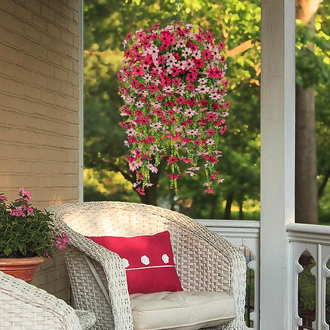 Fake Artificial Hanging Flowers for Outdoors Fake Plants Decoration, 2 Bundles Faux Silk Colorful Daisy Eucalyptus Realistic UV Resistant for Outside Home Planter Porch Patio Yard Decor(Rose Pink)