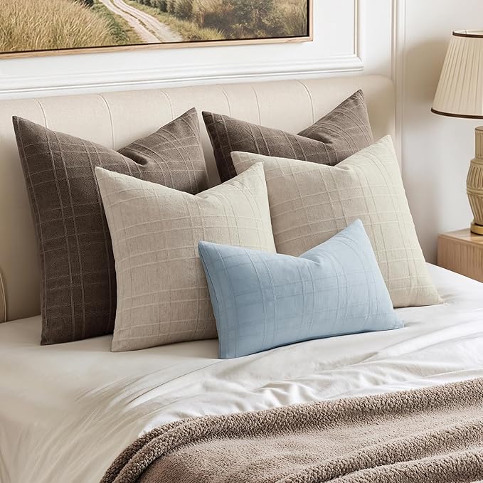 MIULEE Decorative Linen Check Lumar Throw Pillow Covers Neutral Farmhouse Vintage Pillow Covers 12x20 Set of 2 Boho Modern Home Decor for Sofa Couch Bedroom Cushion Coastal Blue