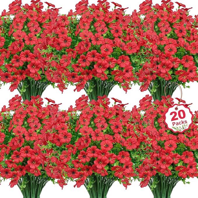 20 Bundles Artificial Flowers for Outdoors Decoration Fake Silk Flowers UV Resistant Faux Plants Artificial Daisy Eucalyptus for Spring Summer Garden Yard Porch Window Home Decor, Red