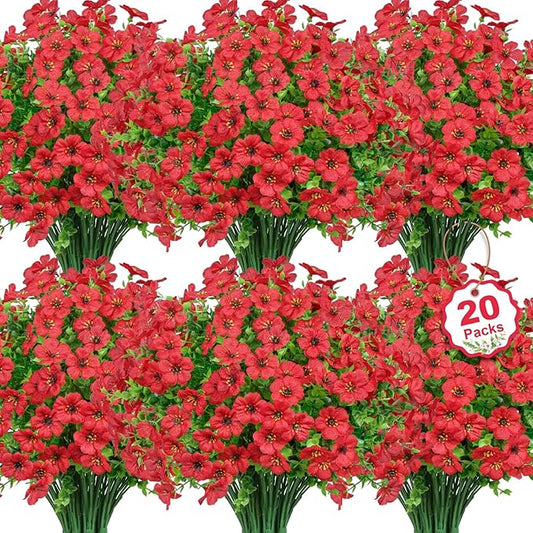 20 Bundles Artificial Flowers for Outdoors Decoration Fake Silk Flowers UV Resistant Faux Plants Artificial Daisy Eucalyptus for Spring Summer Garden Yard Porch Window Home Decor, Red