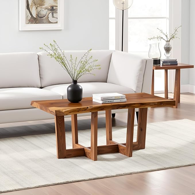 Berkshire 42-Inch Live Edge Coffee Table – Handcrafted Solid Acacia Wood in Minimalist Design and Natural Finish with Cross-Braced Wood Legs and Floor Protectors – Modern Living Room Furniture