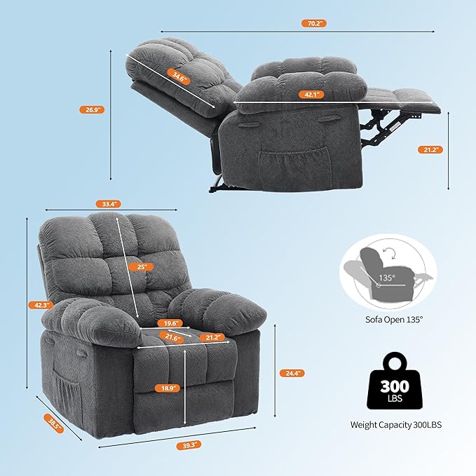 Oversized Rocker Recliner Chair for Adult, Ergonomic Nursery 150° Recliner Chair with Footrest,Extra Wide Manual Recliners,Upholstery Overstuffed Soft Rocking Sofa Chair,Grey