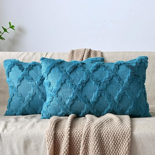 Set of 2 Soft Moroccan Throw Pillow Covers 12x20 Inch Plush Boho Decorative Pillow Cover Accent Cushion Case for Couch Sofa Bed, Teal