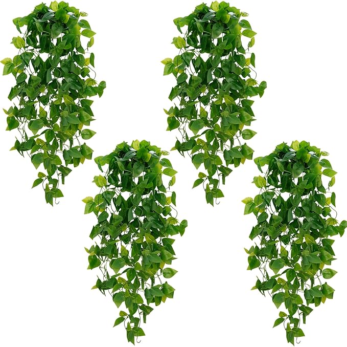 BLEUM CADE Fake Hanging Plants, 4pcs Artificial Hanging Plant, Faux Pothos Vines Hanging Plant Greenery for Wall Home Living Room Indoor Outdoor Decor (No Baskets)