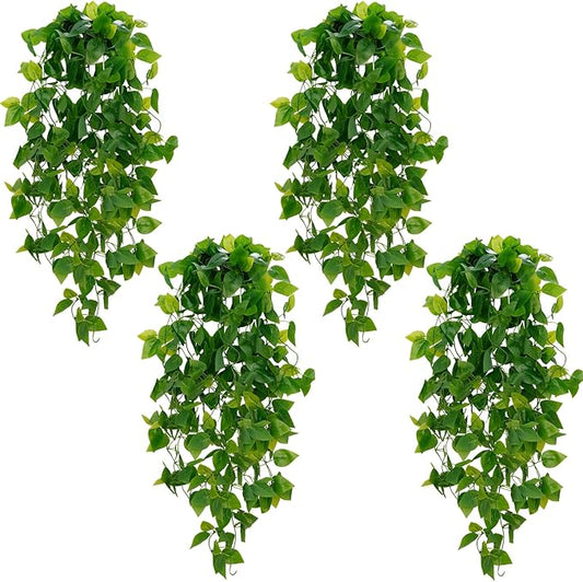 BLEUM CADE Fake Hanging Plants, 4pcs Artificial Hanging Plant, Faux Pothos Vines Hanging Plant Greenery for Wall Home Living Room Indoor Outdoor Decor (No Baskets)