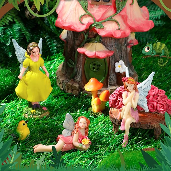 Soaoo Fairy House Garden Figurines Kit Spring Garden Decor Easter Basket Decoration Spring Decoration Outdoor Wildflower Butterfly Fairy Mushroom Party Supplies Micro Landscape Ornaments