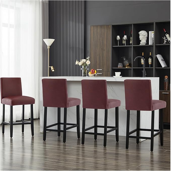 26'' Faux Leather Bar Stools Set of 4, Modern Upholstered Bar Chairs with Back, Soild Wood Legs Barstools for Kitchen Island, Red