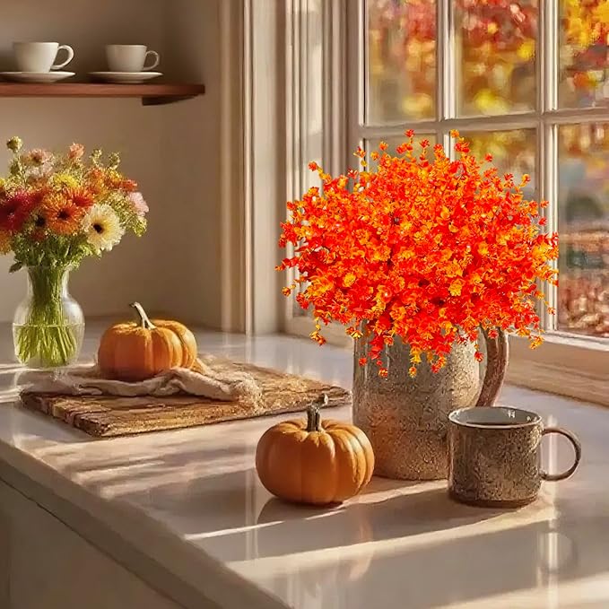 Ivydale Artificial Fake Mums Fall Flowers Plants for Outdoor Outside Autumn Decor, 12 Bundles Faux Orange Daisy Plastic Greenery UV Resistant for Front Door Porch Patio Balcony Garden Yard Decor